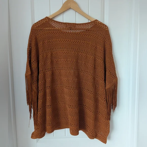 Vero Moda Women's Rust Orange Crochet Fringe Poncho - Picture 3 of 6